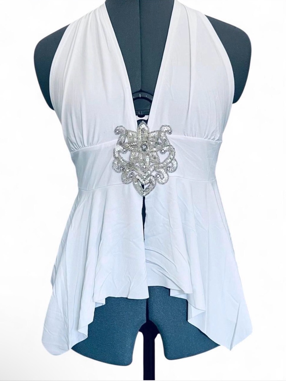 White Halter Tank Top with Crystal Medallion